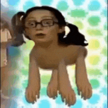 a cartoon of a girl with glasses and a ponytail is floating in the air .