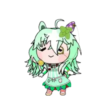 a cartoon of a girl with green hair and a purple flower in her hair .