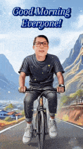 a cartoon of a man riding a bike with the words " good morning everyone " above him
