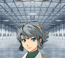 a girl wearing goggles is standing in a warehouse