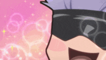 a close up of a cartoon character wearing a blindfold and smiling with a pink background .