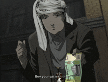 a man in a head scarf is holding a foreign currency and says buy your qat with this