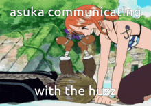 a cartoon of a woman kneeling on a man with the words " asuka communicating with the huzz "