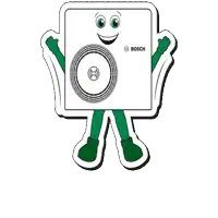 a bosch mascot with green arms and legs is smiling