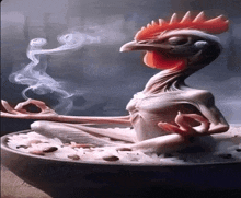 a chicken is meditating in a bowl of rice