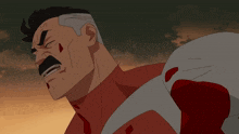 a cartoon of a man with blood on his face and a skull in the background