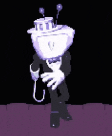 a pixel art of a robot in a tuxedo holding a rope .