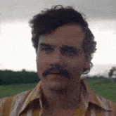 a man with a mustache wearing a striped shirt looks at the camera