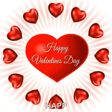 a happy valentine 's day card with red hearts around a red heart