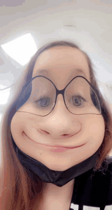 a girl wearing glasses and a mask makes a cartoon face