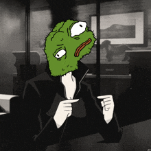 a black and white drawing of a cartoon character with a green face