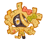 a cartoon drawing of a mummy cookie with a bow on her head and arms .