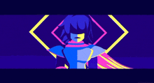 a cartoon character is standing in front of a blue background with a purple border .