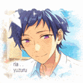 a drawing of a boy with purple eyes and the name ria yozuru on the bottom