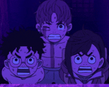 a group of cartoon characters with their mouths open in a purple background