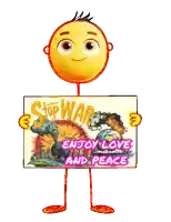 a cartoon character is holding a sign that says " enjoy love and peace "