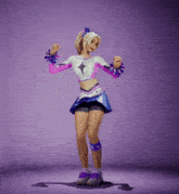 a cheerleader wearing a purple and white outfit is dancing