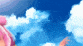 a girl with pink hair is standing in front of a blue sky with clouds