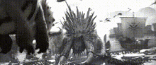 a black and white photo of a monster with a crown on its head