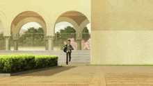 a cartoon of a man running in front of a building with arches