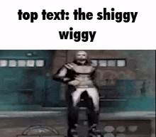 a man is dancing in front of a garage door in a video game with the words `` top text : the shiggy wiggy '' .