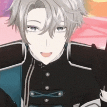 a close up of a 3d anime character with gray hair and blue eyes waving his hand .