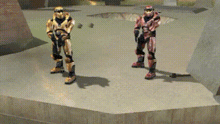 two video game characters are standing next to each other on a skateboard ramp .