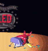 a cartoon character is laying on the floor in front of a sign that says ' lottery board '