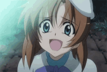 a girl with brown hair and blue eyes is making a funny face