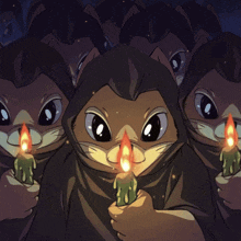 a group of cartoon animals are holding candles