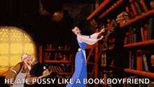 a woman in a blue dress is standing in a library with the words he ate pussy like a book boyfriend