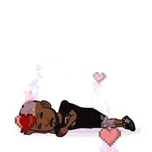 a cartoon of a man laying on the floor with hearts flying around him