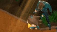 a cartoon character with a bird on its head is being held by a man in a blue shirt .