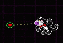a pixel art drawing of a cat with a bow tie and a heart in the background .
