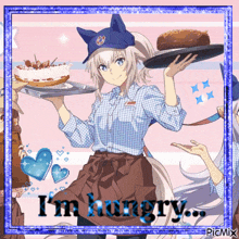 a picture of a girl holding a tray of food with the words " i 'm hungry " at the bottom
