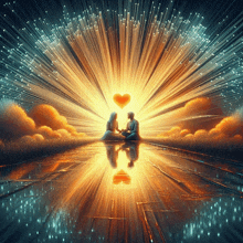 a painting of a man and a woman sitting under a heart