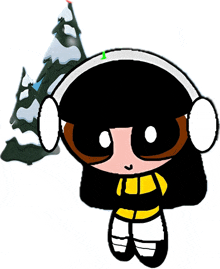 a cartoon girl wearing headphones and a scarf stands in front of a snowy forest