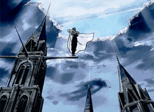 a man in a white cape is standing on top of a building