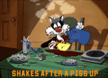 a cartoon of sylvester the cat pouring coffee into a cup with the words shakes after a piss up