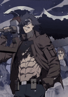 a man in a brown jacket is holding a large axe in his hand