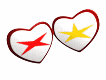 a pair of heart shaped sunglasses with a red and yellow star on them