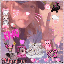 a girl giving a peace sign is surrounded by pink cats and the word meow