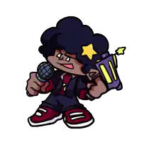 a cartoon character with a star on his head is holding a microphone and a gun