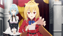 a girl in a maid outfit is standing next to a girl in a red dress