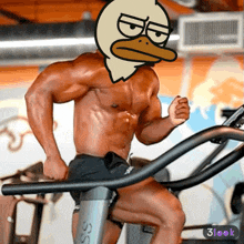 a shirtless man with a cartoon duck on his face is running on a treadmill in a gym
