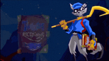 a cartoon of a raccoon holding a cane in front of a sign that says " sly cooper raccoonus 2 "