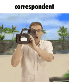 a man is taking a picture with a camera and the words correspondent are above him