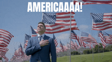 a man in a suit stands in front of a field of american flags