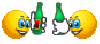 two smiley faces are holding green bottles of beer .