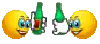 two smiley faces are holding green bottles of beer .